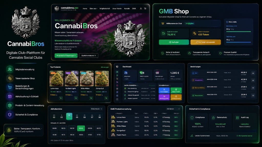 CannabiBros – Digitale Club-Plattform für Cannabis Social Clubs mit Mitgliederverwaltung, token-basiertem Shop und Compliance-System.