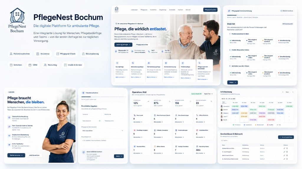 PflegeNest Bochum – Digitale Plattform für ambulante Pflege — von der Patientenaufnahme bis zur Schichtplanung.